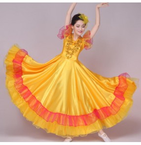 Yellow gold fuchsia hot pink sleeveless v neck women's performance big skirted flamenco opening dancing chorus dance outfits dresses